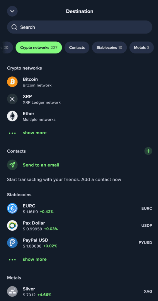 Choosing Network before sending crypto via Uphold Wallet