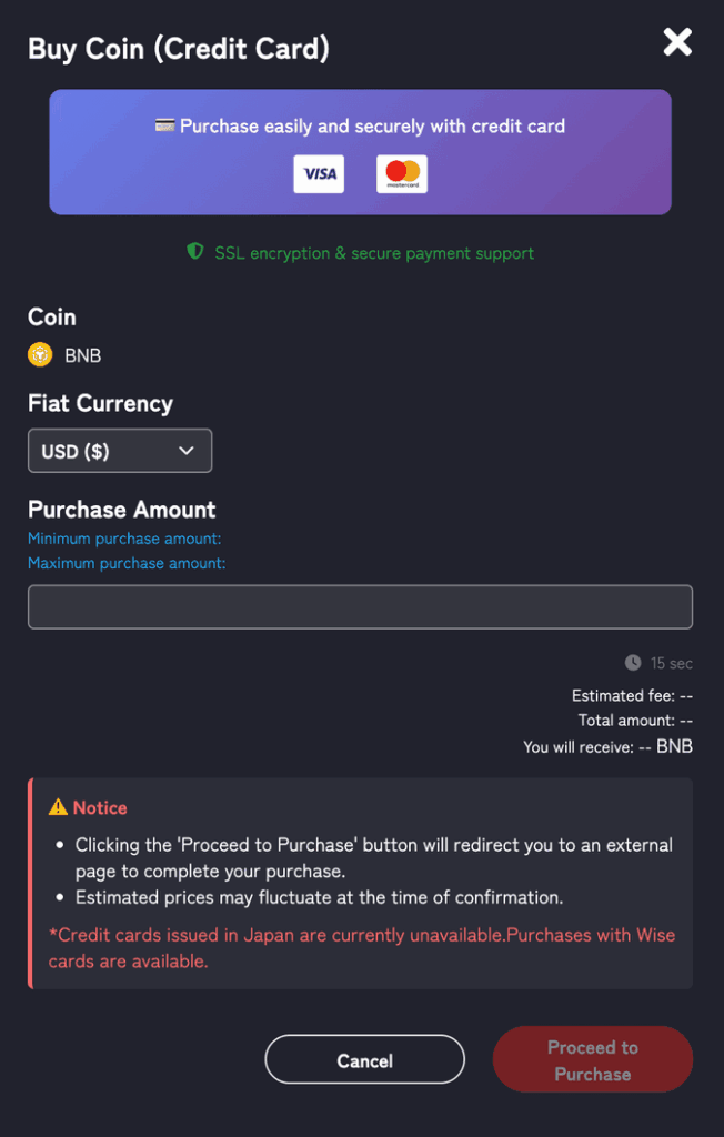 Buy BNB with credit card