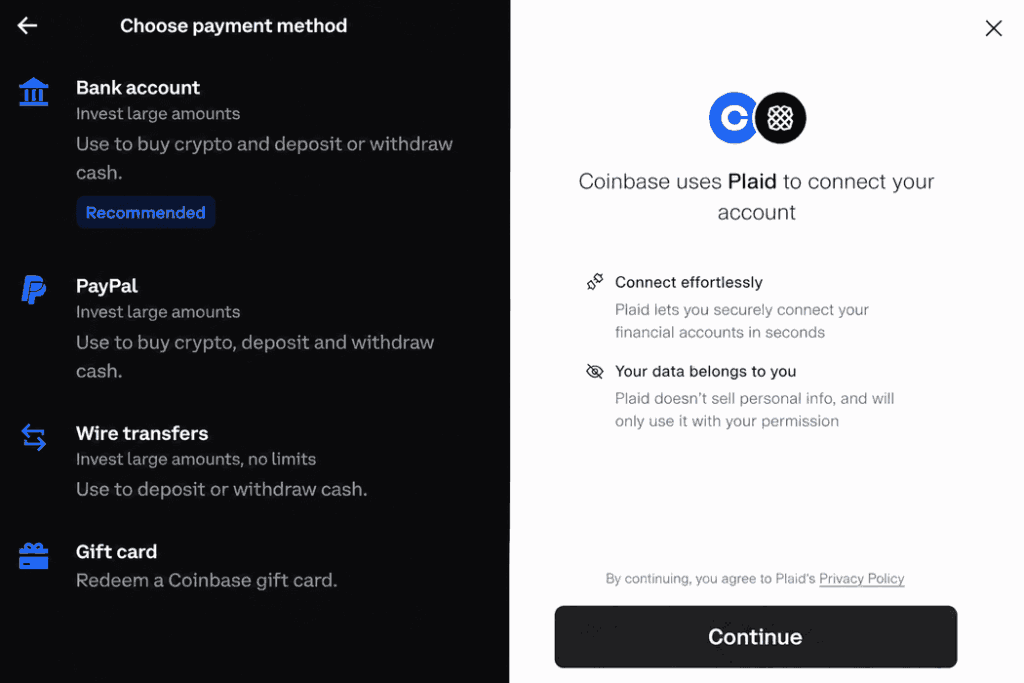 Coinbase - buy crypto with bank account