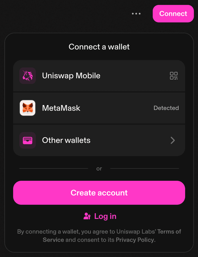 Uniswap decentralized exchange - connect wallet