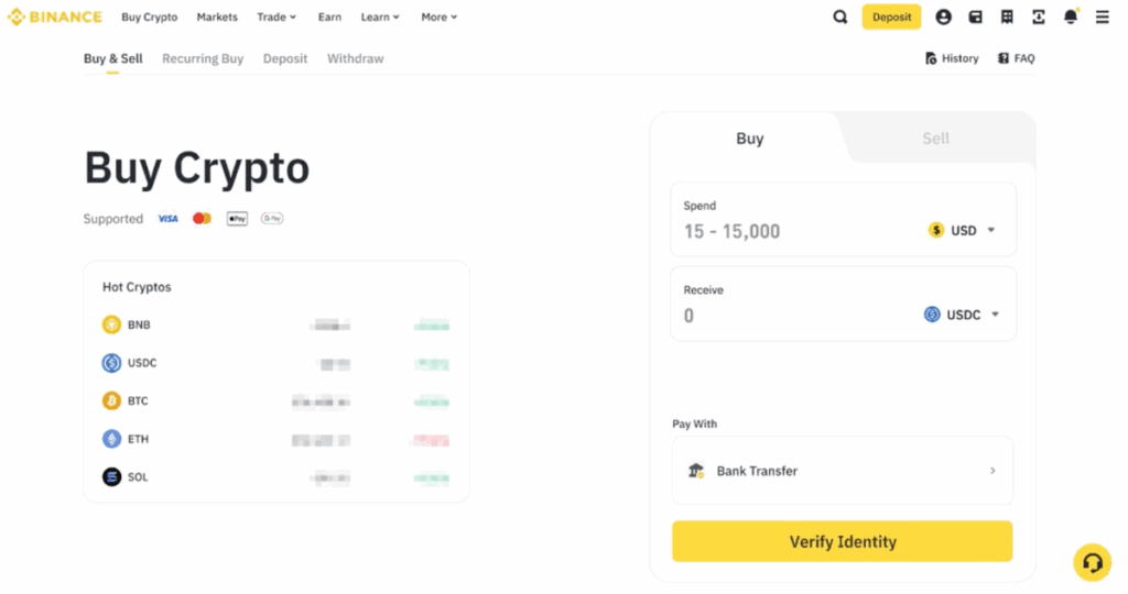 buy crypto with bank account instantly Binance