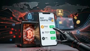 スマートフォンでの暗号資産購入と安全な保管を表現する、アプリ画面と開いた金庫、ロボットアーム、グローバルな決済ネットワーク。