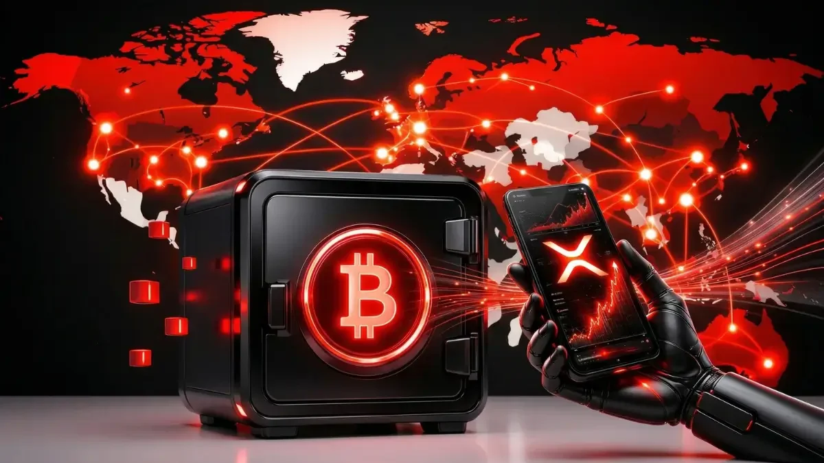 ビットコインのロゴが光る金庫と、XRPのチャートを表示したスマートフォンを持つロボットアーム、背景には世界中に広がる赤いネットワーク。