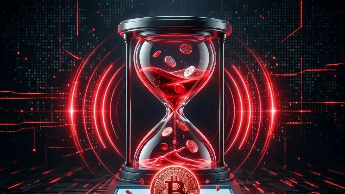 ビットコインのコインが流れる近未来的な砂時計と、赤く発光するデジタル回路が描かれたサイバーパンクな背景。