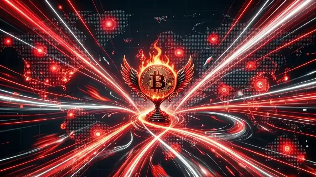 世界地図を背景に、炎を上げ羽ばたくビットコインのカップと、そこから四方に伸びる赤い光のストリーマー。