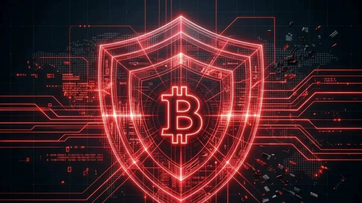 ビットコインを保護する赤いネオンのワイヤーフレームシールドと、その周囲をめぐる電子回路基板のパターン。