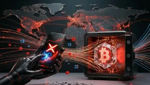開いた金庫の中から輝くクリスタル状のビットコインと、XRPの価格上昇チャートを操作するサイボーグの手。