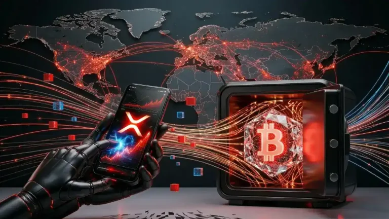 開いた金庫の中から輝くクリスタル状のビットコインと、XRPの価格上昇チャートを操作するサイボーグの手。