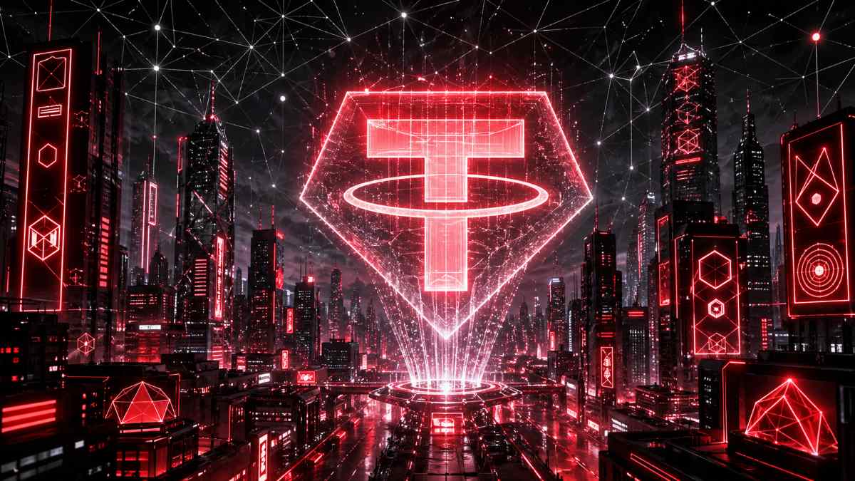 Tether（USDT）ロゴが浮かぶ未来的なデジタル空間