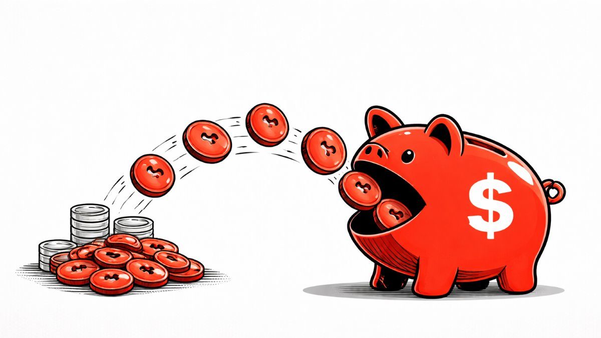 デジタルな仮想通貨を嬉しそうに食べる、赤い豚の貯金箱。