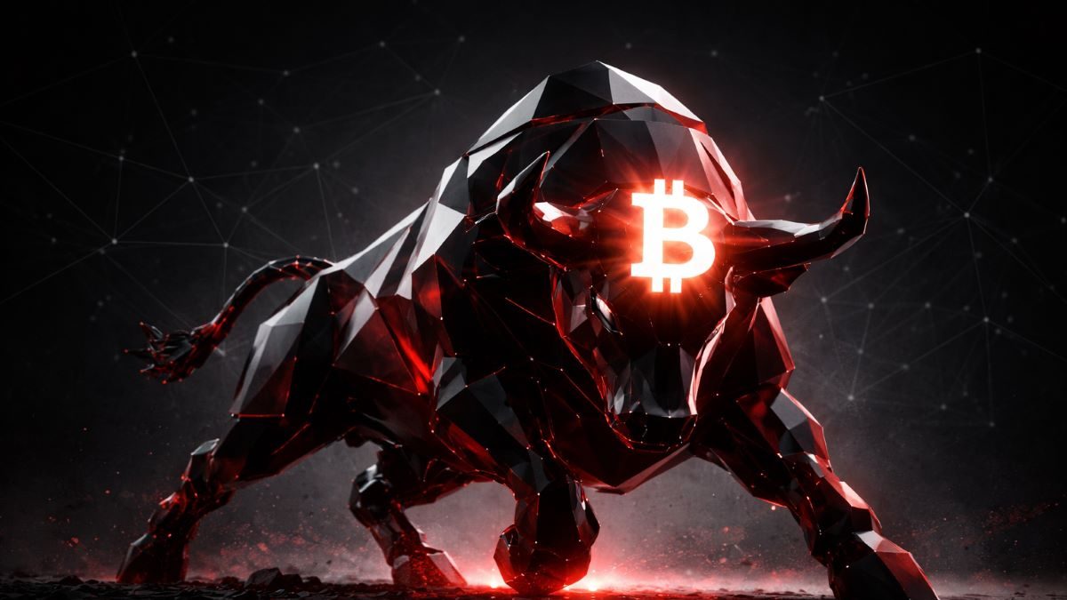 白く輝くビットコインロゴを持つ、抽象的なローポリゴンの雄牛