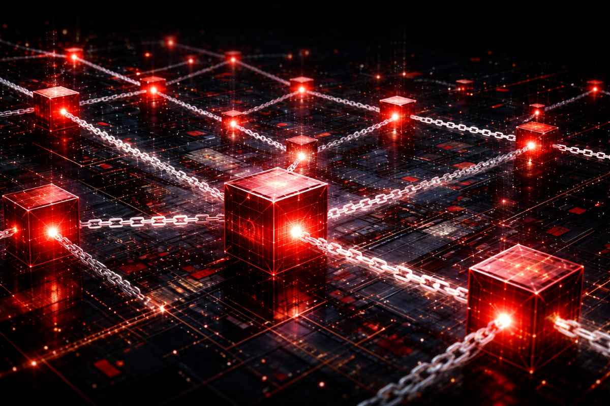 赤い立方体と白い鎖のブロックチェーン