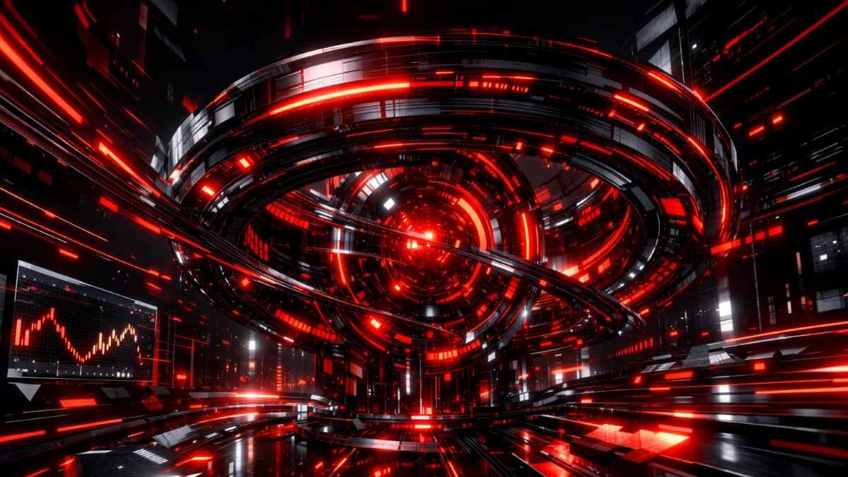 サイバーパンク風3Dデジタル仮想通貨取引所構造