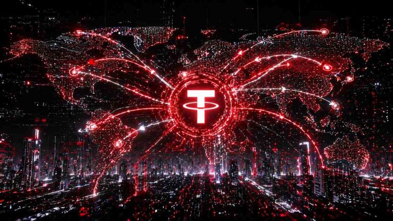 グローバルなテザー接続を示すサイバーパンクネットワーク