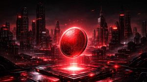 ホログラフィックな暗号通貨コインが浮くサイバーパンクなスカイライン