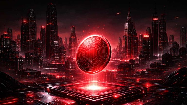 ホログラフィックな暗号通貨コインが浮くサイバーパンクなスカイライン
