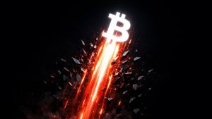 赤い光の筋をまとって急上昇する、輝く動的なビットコインシンボル