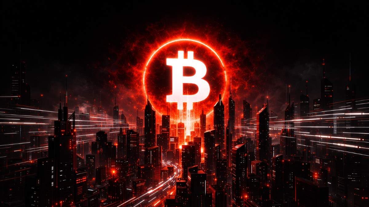 巨大な赤く輝くビットコインに支配された未来的な都市景観