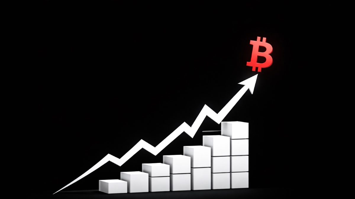 積み上げられたブロックと赤いビットコインがあるミニマルな右肩上がりのグラフ。