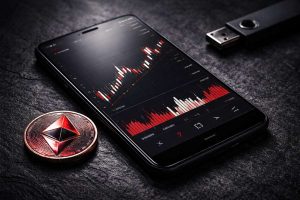 黒い石の上のスマートフォンと赤いイーサリアムコインのリアルな写真