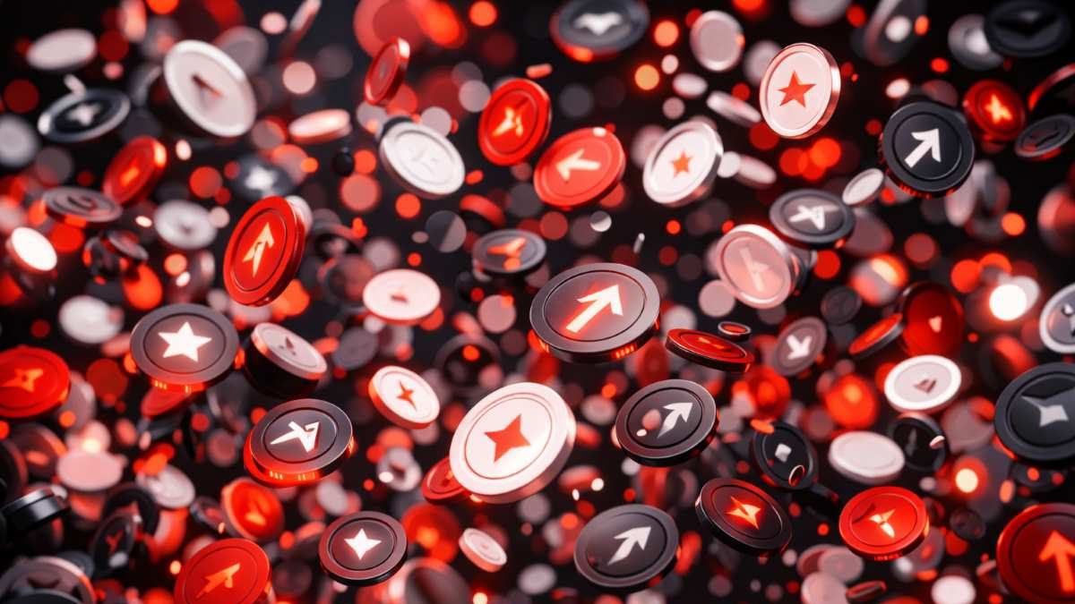 様々な赤と黒のコインが降るポップアート抽象画