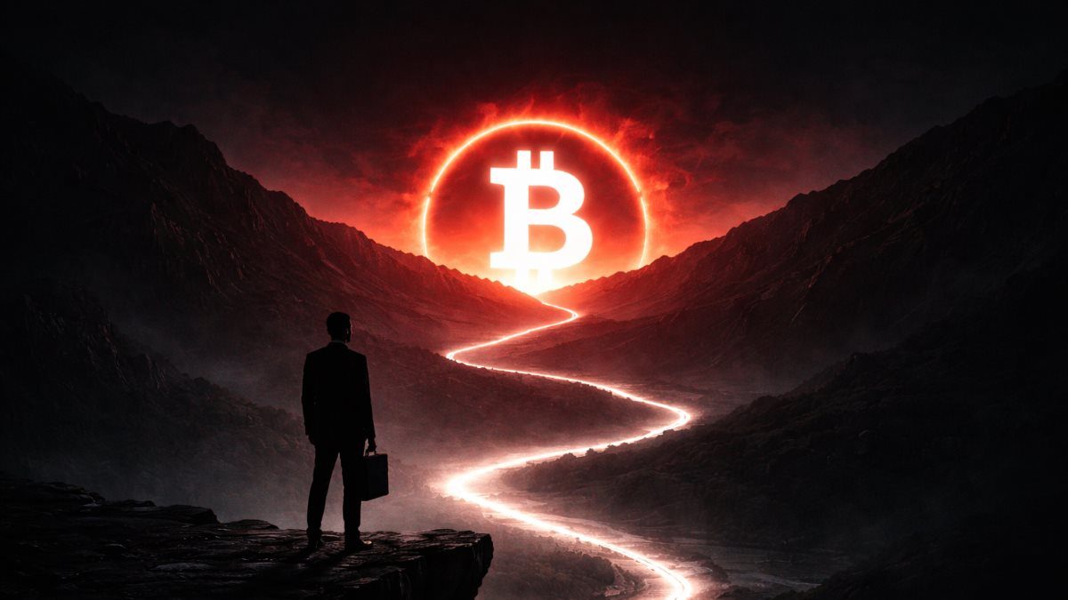 遠くの赤いビットコインへと続く、光り輝く道を見つめるシルエット