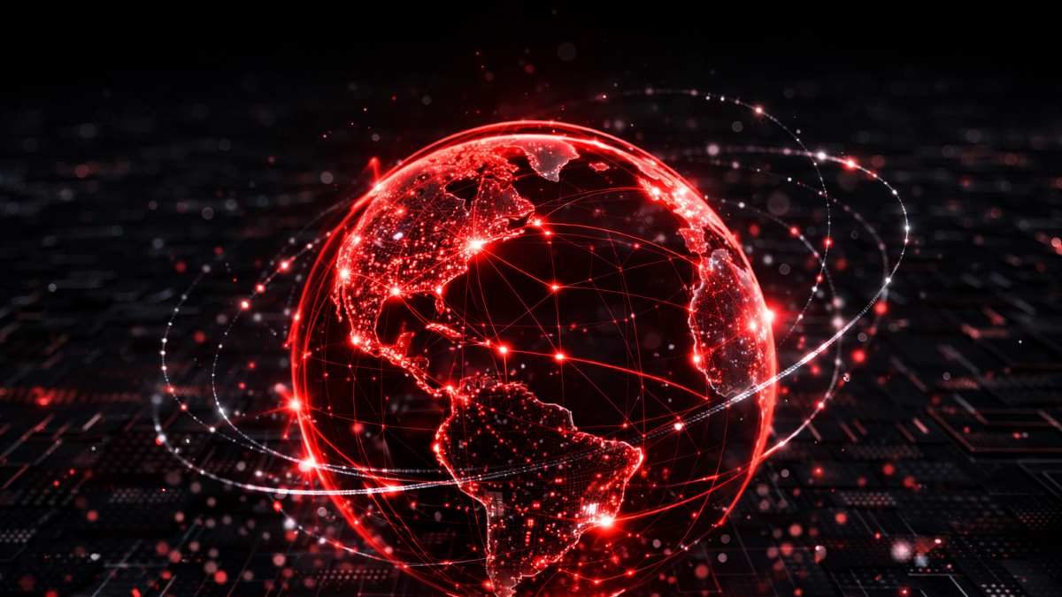 赤色データネットワークを持つ様式化された骨格の地球儀