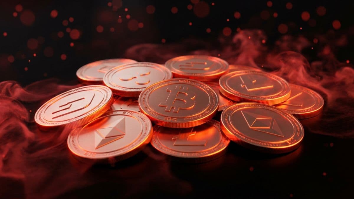 赤い煙の中に積み重なるビットコインとイーサリアムなど複数の仮想通貨コイン