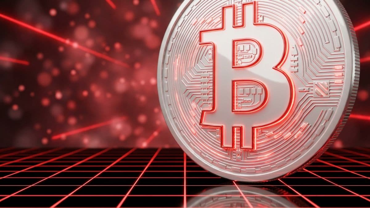 赤いネオングリッド背景に輝くシルバーのビットコインコイン