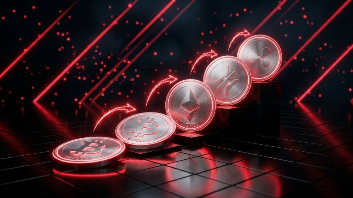 赤いネオン背景にビットコインやイーサリアムなど複数の仮想通貨コインが上昇する様子