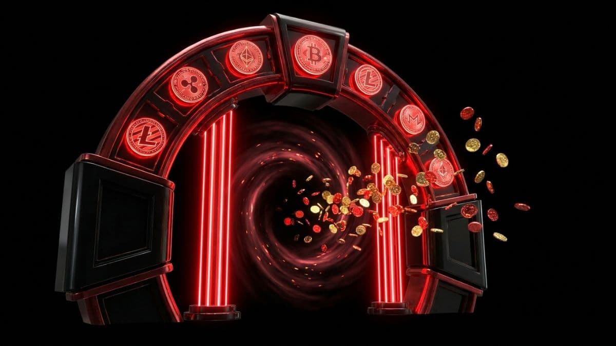 赤いネオンアーチから複数の仮想通貨コインが飛び出す3Dイメージ