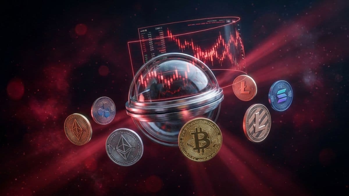 ビットコインやイーサリアムなど複数の仮想通貨コインと赤いローソク足チャートのホログラム