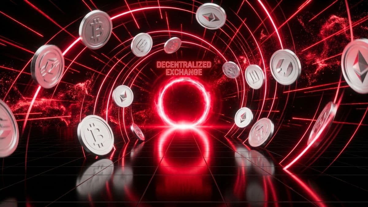 赤いネオンのトンネルを背景に複数の仮想通貨コインが浮かぶ分散型取引所のイメージ