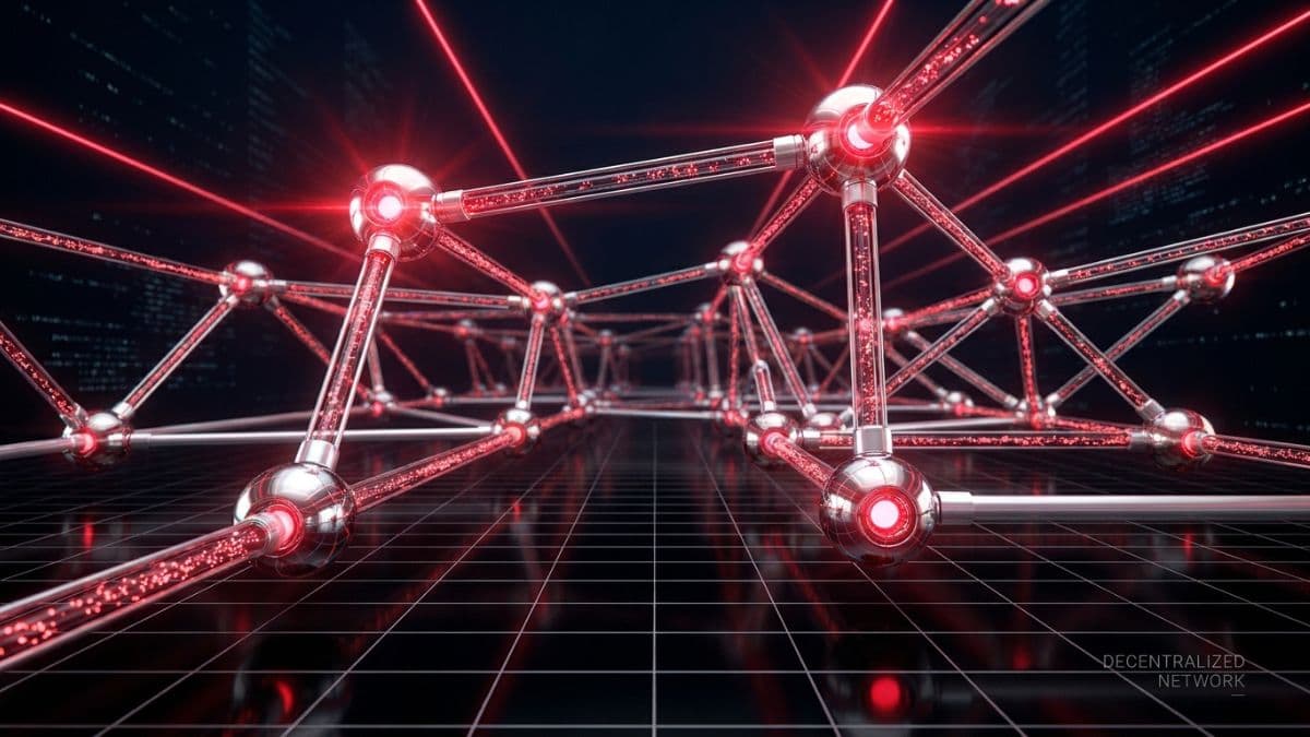 赤く光るノードと接続されたブロックチェーンの分散型ネットワーク構造
