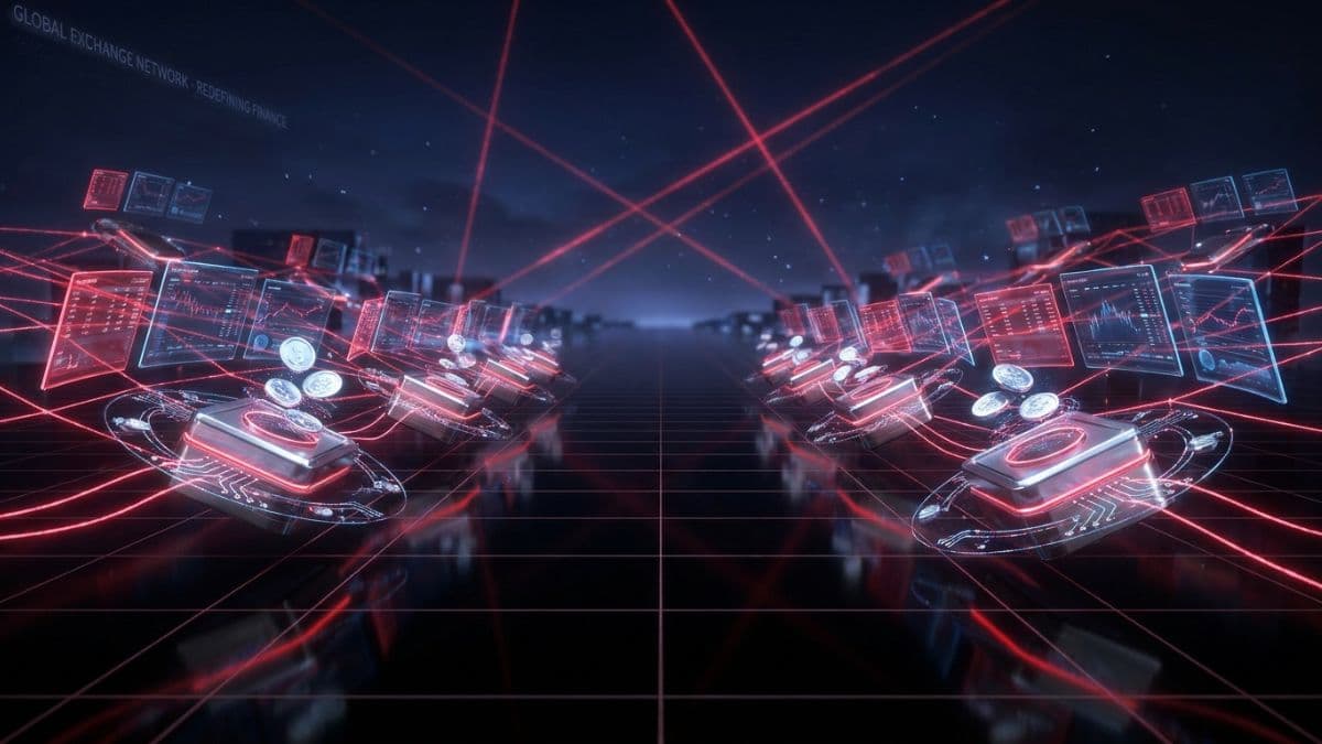 赤いレーザーと暗闇に浮かぶ仮想通貨コインとチャートのホログラム