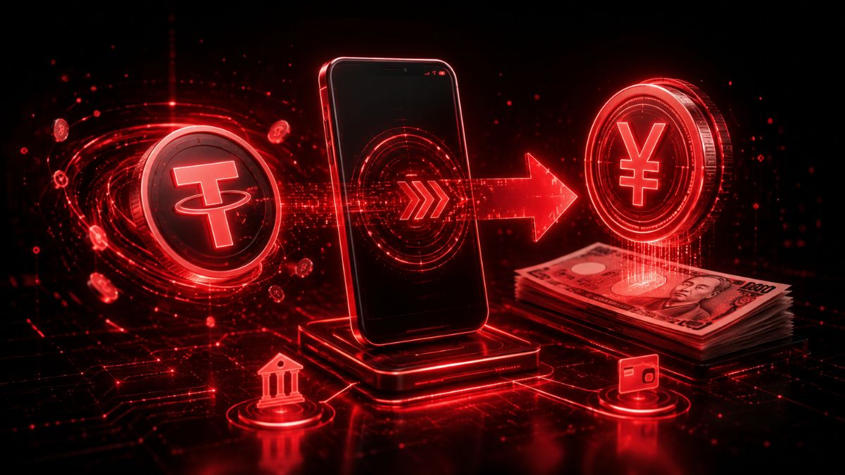 USDTから日本円へ換金する流れをスマホと矢印で表したビジュアル