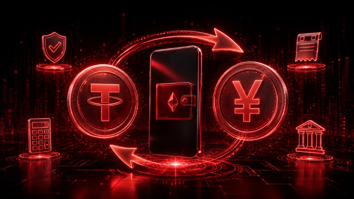 USDTと日本円のコイン、スマホ、銀行、レシートで日本円換金の全体像を表したビジュアル