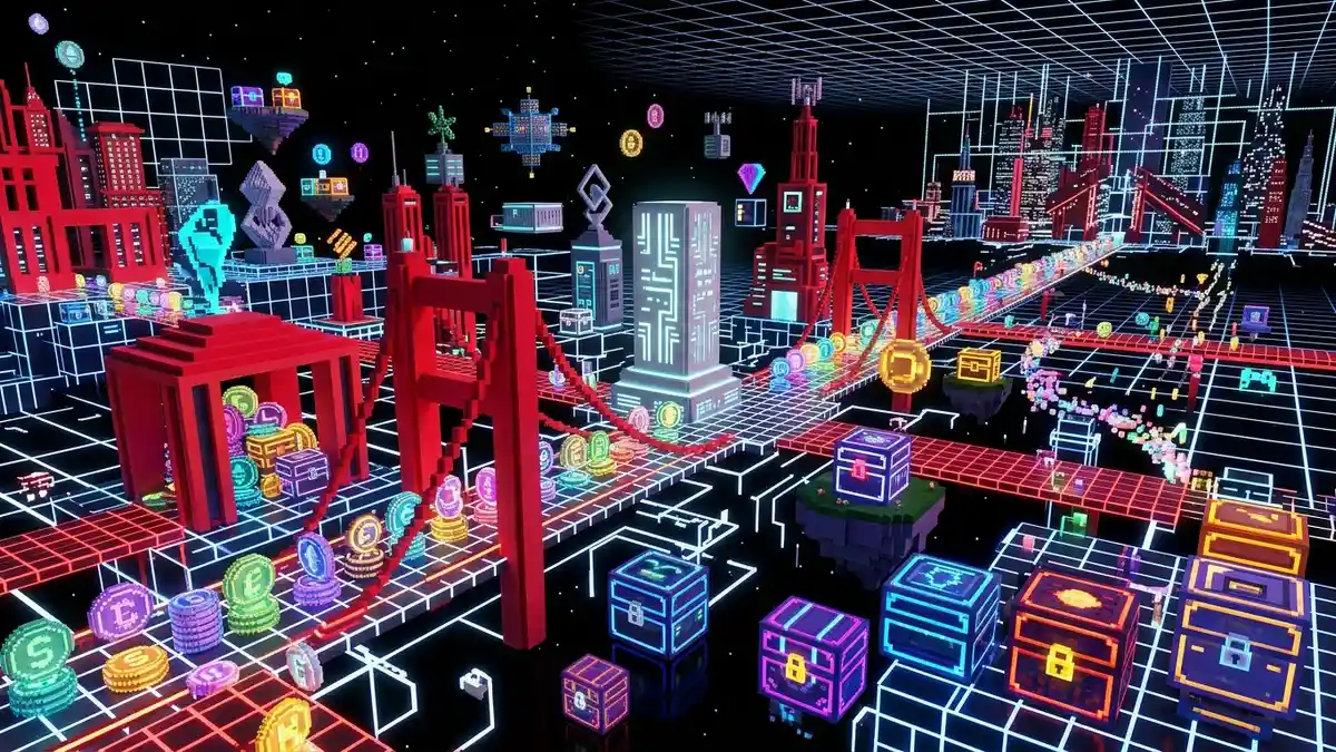 Web3のデジタルコインを描いたレトロフューチャーな3Dボクセルアート