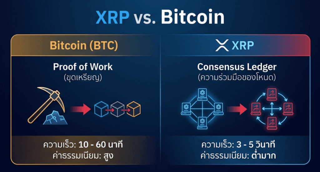 XRP vs Bitcoin; เหรียญ XRP คือ crypto ตัวหนึ่ง ส่วน Bitcoin คือ crypto ตัวแรกของโลก และมี market cap สูงสุด