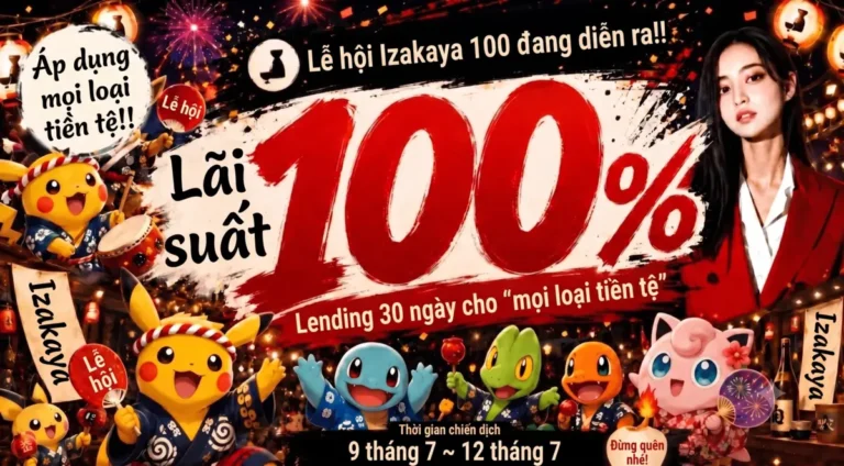 Hình ảnh quảng bá sự kiện IZAKAYA 100 FEST, ưu đãi lãi suất Lending 100% cho mọi đồng coin diễn ra vào tháng 7 năm 2026.
