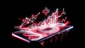 Web3の仮想通貨成長チャートを投影する光るホログラムデバイス