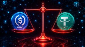 USDCとUSDTの2つのステーブルコインが向かい合って比較されるシーン