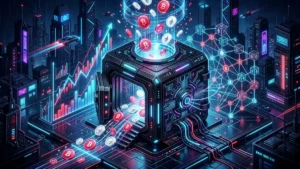 黒い金庫がある3Dアイソメトリックの暗号資産レンディングプラットフォーム。