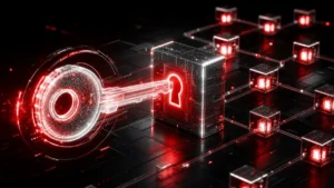 分散型ネットワークブロックに接続する未来的なホログラム鍵。
