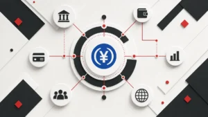 公式の青いJPYCロゴをフィーチャーした幾何学的グラフィックデザイン